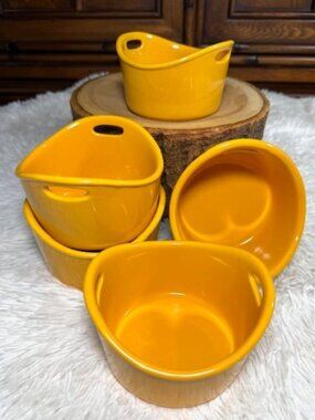 Set of 5 Rachael Ray Yellow Round 10oz Handled Baking Bowl Ramekin Dish Set